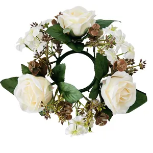Elegant artificial cream rose and small wildflower candle ring wreath for table decor