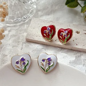 Orecchini a Bottone a Cuore Vintage Francese Fiore di Iris Smalto Con Perno in Argento Sterling 925 Stile Corte Gioielli Eleganti per Donna
