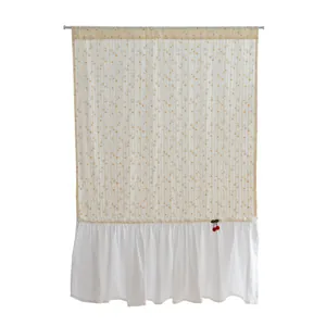 Full view of fresh white cotton short door curtain with floral pattern and cherry accent