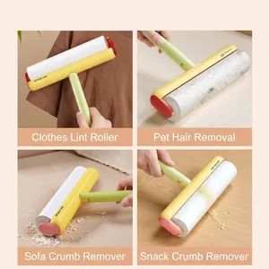 Versatile dopamine color lint roller showing uses for clothes, pet hair and crumbs