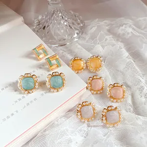 French Vintage Enamel Artificial Pearl Stud Earrings With 925 Sterling Silver Post Geometric Flower Alloy Earrings For Women