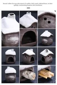 Detailed collage of a ceramic house incense burner for sage and holy wood burning.