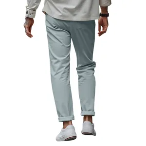 Detailed back view of men's slim-fit light grey-blue casual trousers with rolled cuffs