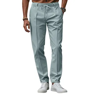 Slim fit men's casual trousers with an elastic drawstring waist and pleat detail.