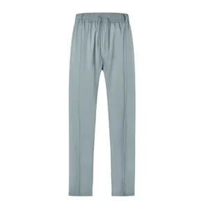 Men's light blue-gray leisure trousers with drawstring waist and stitched crease