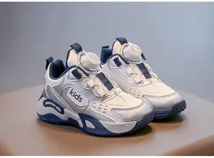 Detailed view of breathable kids sports shoes with mesh upper and rotary buckle system