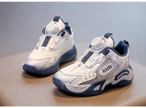 White and blue children's breathable sports sneakers with easy rotating buckle dial