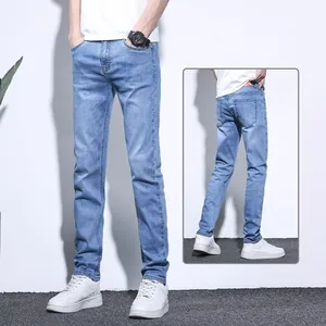 Detail view of men's slim-fit light blue stretch jeans from front and back angles