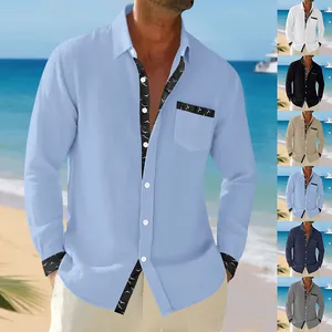 Casual men's linen shirts with bird pattern trim, shown in various color options.