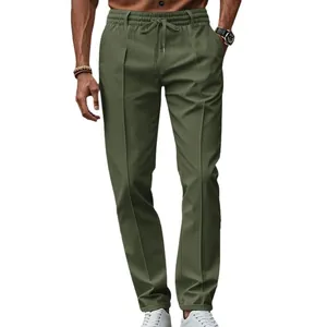 Men's slim fit olive green business casual trousers with elastic drawstring waist.