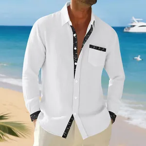 Detailed view of white linen long sleeve men's shirt with unique seagull print trim