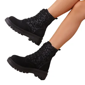Botines con cordones para mujer, estampado de leopardo y suela de plataforma gruesa