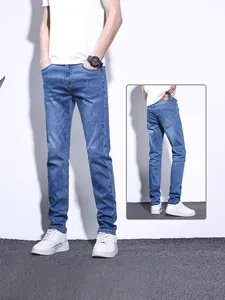 Men's slim fit stretch straight leg denim jeans in a mid-blue wash with front and back views