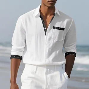 Elegant men's white linen long-sleeve casual shirt with printed collar and pocket