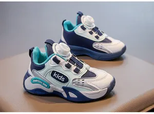 Side view detail of breathable mesh children sneakers with rotary buckle closure