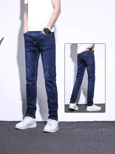 Men's slim fit stretch denim jeans in dark blue shown with front and back views