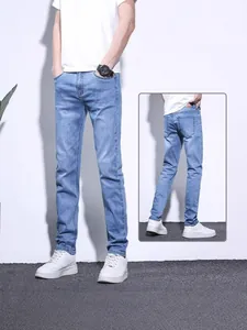 Professional men's slim fit stretch straight denim jeans showing front and back views