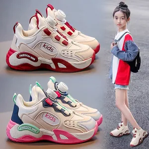 Kids Sneakers For Girls Breathable Mesh Running Shoes Older Children Lightweight Cushioned Sports Shoes With Rotary Buckle