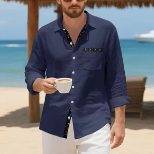 Casual navy blue linen shirt for men featuring unique bird print on inner placket and pocket.