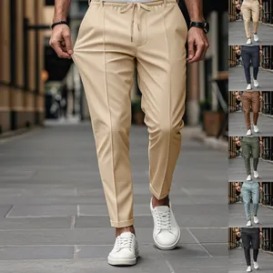 Men's Casual Drawstring Slim Fit Tapered Long Pants Solid Color American Style Business Chinos Autumn Winter Trousers