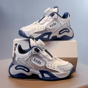 Breathable girls' mesh sneakers with rotating buckle closure in white and blue