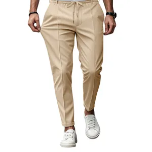 Men's slim fit business casual drawstring trousers in khaki featuring high stretch fabric