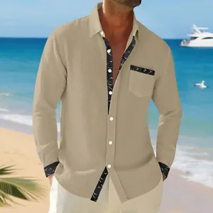 Detailed view of men's khaki linen shirt with unique bird print on placket and pocket