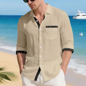 Men's casual khaki linen long sleeve shirt with unique black bird print trim accents