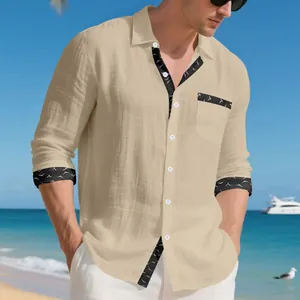 Casual beige men's linen long sleeve shirt featuring contrast pattern trim details