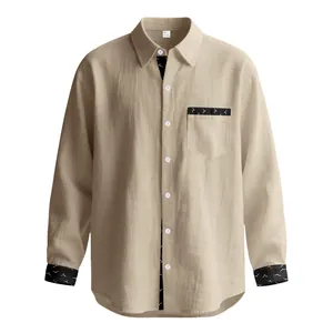 Men's beige linen long-sleeved shirt featuring stylish black seagull print trim details