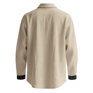 Back view of a khaki linen long sleeve shirt for men with premium textured fabric detail