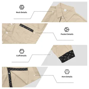 Detail views of a men's khaki linen shirt showing the neck, pocket, cuff, and hem design.