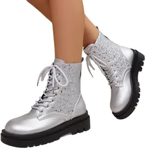 Stylish women's silver glitter combat boots with chunky platform and lace-up design