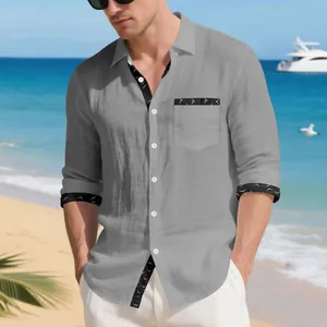 Men's grey linen long-sleeve shirt with black bird print details on collar and cuffs