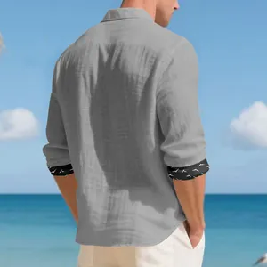 Detailed back view of men's gray linen long sleeve shirt with printed cuffs.