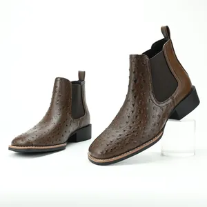 Men's Vintage British Style Chelsea Boots Ostrich Pattern Artificial PU Leather Ankle Boots With Chunky Heel Fashion Casual Boots