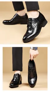 Detail view of men's black leather business dress shoes with height increasing design
