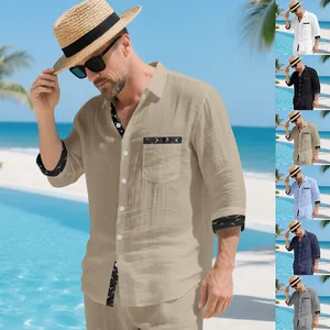 Men's casual linen patchwork long sleeve shirt for vacation beachwear in various colors.