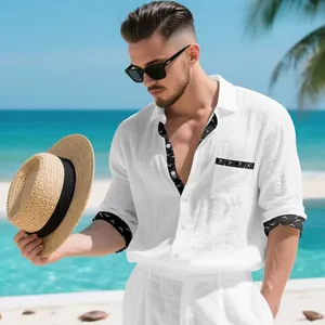 White linen casual shirt with patterned bird trim for men's summer beach vacation