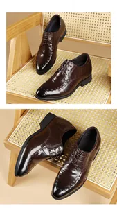 Close-up detail of dark brown polished leather formal oxfords on a rustic rattan chair.