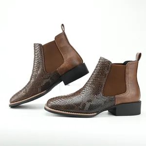Brown ostrich pattern Chelsea boots for men with retro British style and block heel.