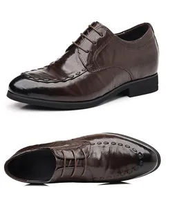 Professional detail views of men's brown leather formal dress shoes with hidden height increase.