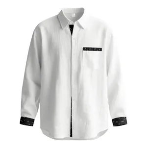 White linen long-sleeve shirt for men featuring contrast patterned trim on pocket.