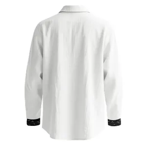Detailed back view of a men's white linen long sleeve shirt with patterned cuffs.