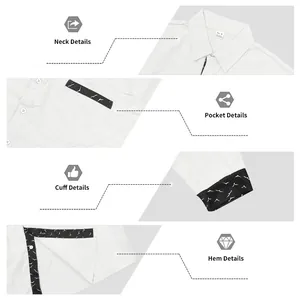 Detailed views of cotton shirt showing patterned neck, pocket, cuff, and hem