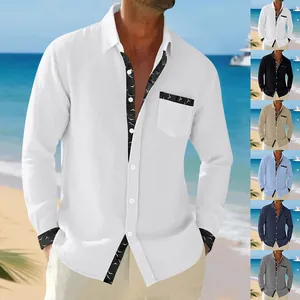 Men's Linen Blend Long Sleeve Shirt Old Money Style Hawaiian Casual Loose Fit Lapel Button Down Top For Vacation Beach