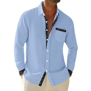 Men's light blue long-sleeve linen shirt with stylish patterned trim and pocket detail