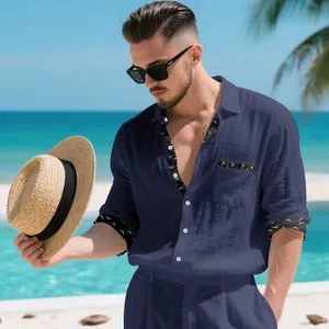 Detail view of navy linen shirt featuring stylish patterned trim on collar and pocket
