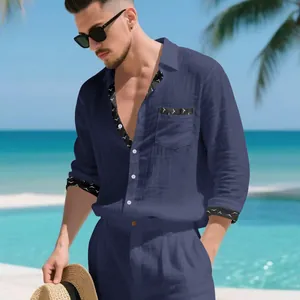 Men's casual navy blue linen long sleeve shirt for beach vacation outfit