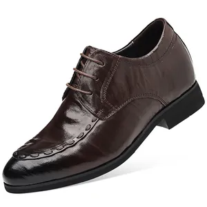 Men's dark brown leather elevator dress shoes with burnished toe cap